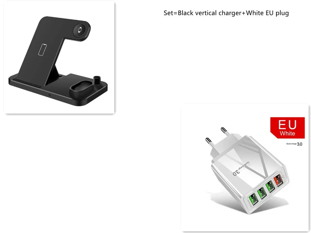 4-in-1 wireless charging station showing phone, Apple Watch, and AirPods charging on adjustable magnetic stand.