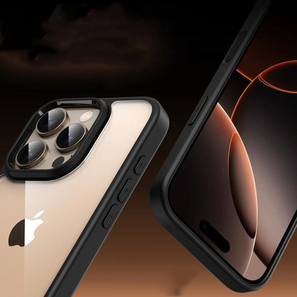 Black transparent magnetic iPhone 16 phone case with airbag drop protection shown on mobile phone