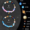Set of twelve natural stone beaded bracelets with different zodiac sign designs and colour patterns.