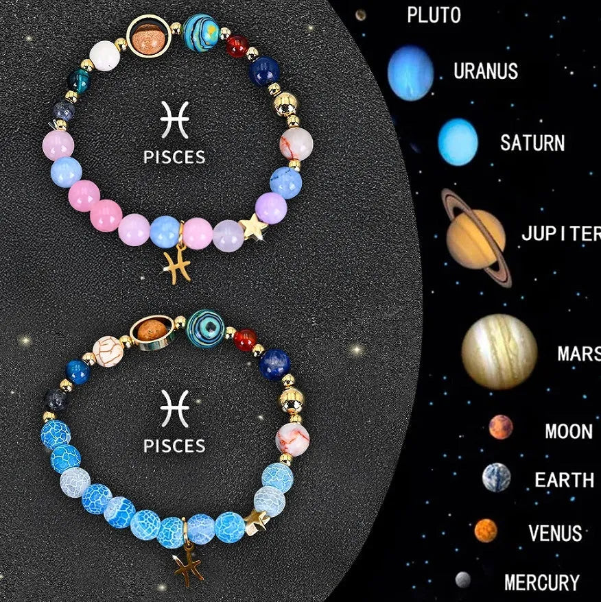 Set of twelve natural stone beaded bracelets with different zodiac sign designs and colour patterns.