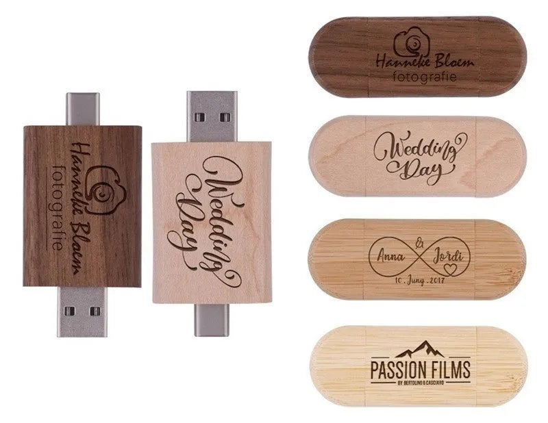 Maple wooden flash drive with USB and TYPE-C connectors on a wooden surface.