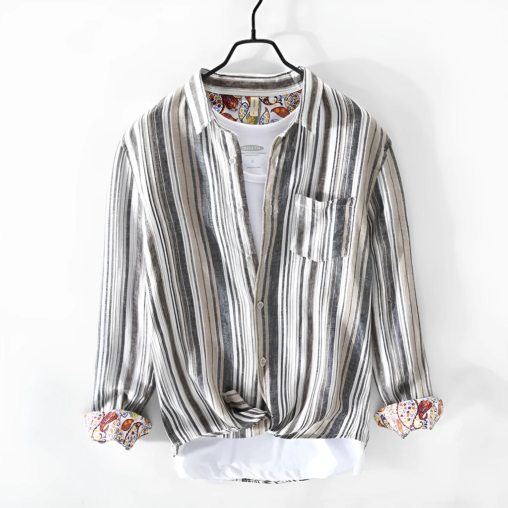 Men's casual linen striped shirt with loose fit long sleeves in red or grey colours
