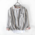 Men's casual linen striped shirt with loose fit long sleeves in red or grey colours