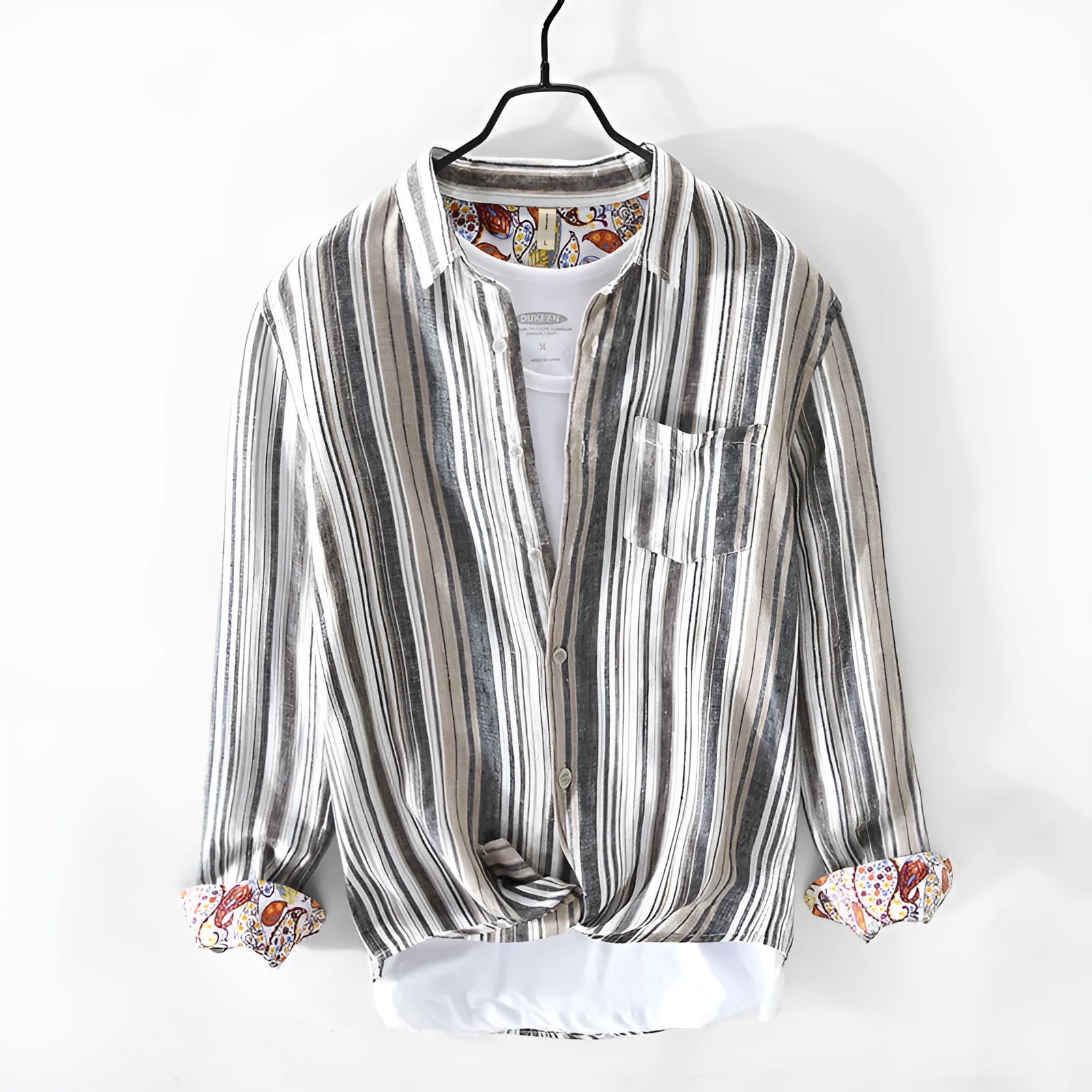 Men's casual linen striped shirt with loose fit long sleeves in red or grey colours