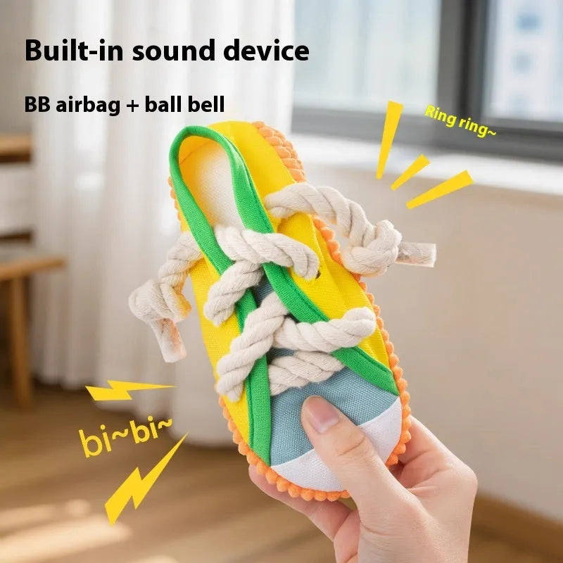 Sound slippers dog toy with self-hi relieving movement and molar chewing texture in plastic construction