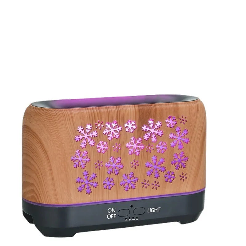 Snowflake pattern aromatherapy humidifier with colourful LED flame effects and remote control