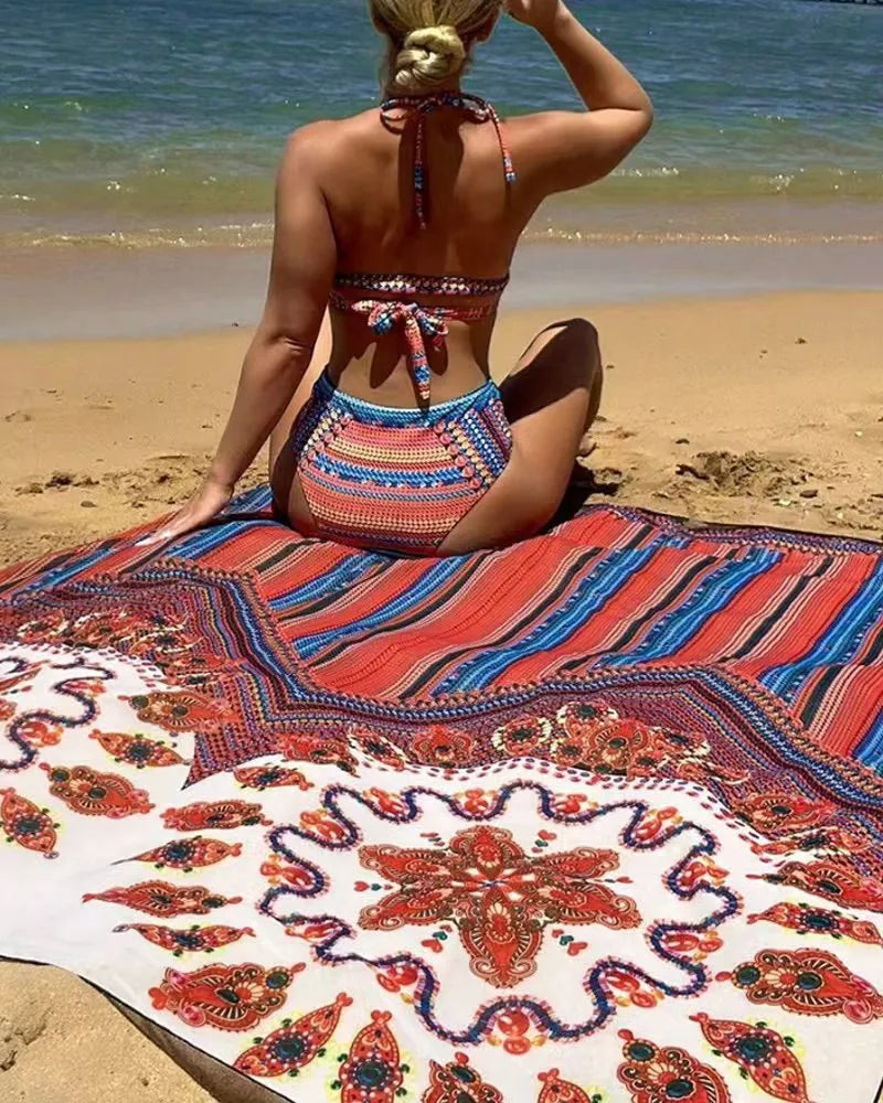 Three-piece split swimsuit set with high waist cutout blouse body and coat in picture color