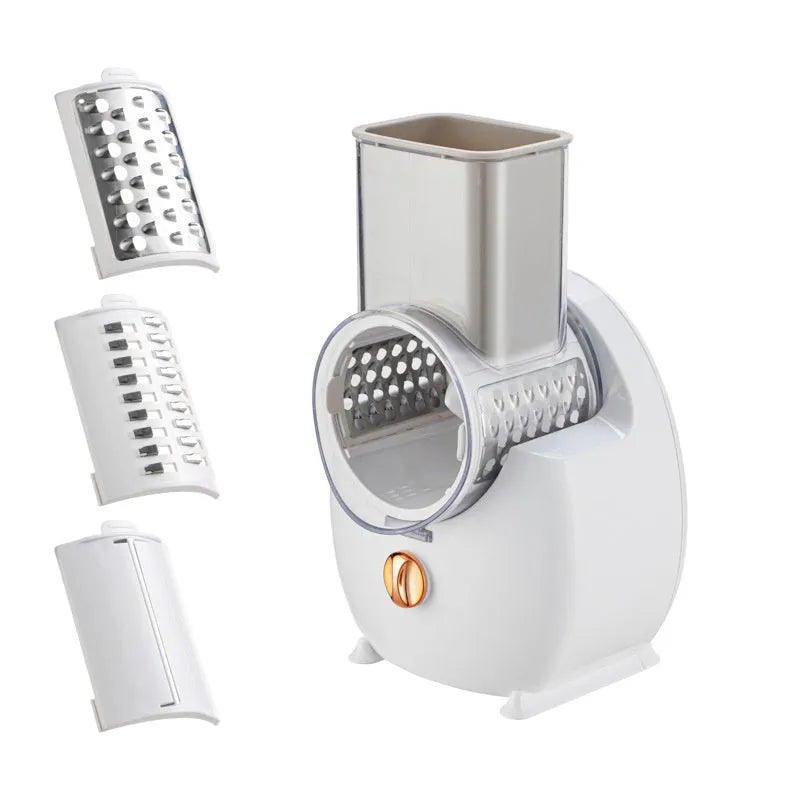 White electric vegetable slicer with rotary grater system and suction base on kitchen counter