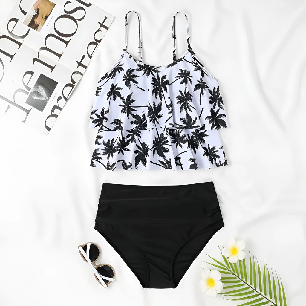 Women's high waist double-layer swimsuit in black and coconut tree floral print patterns