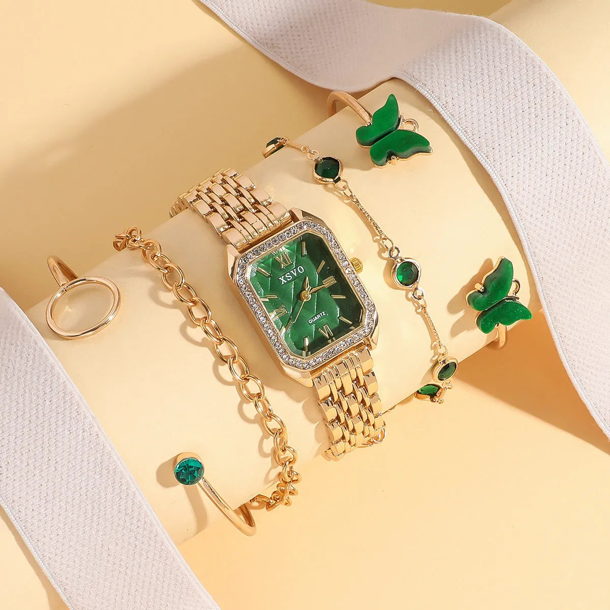 Gold green square steel ladies watch with four matching butterfly bracelets in complete fashion jewellery set