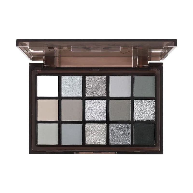 15-colour eyeshadow palette with dark grey, black, and earth tones in matte and shimmer finishes.