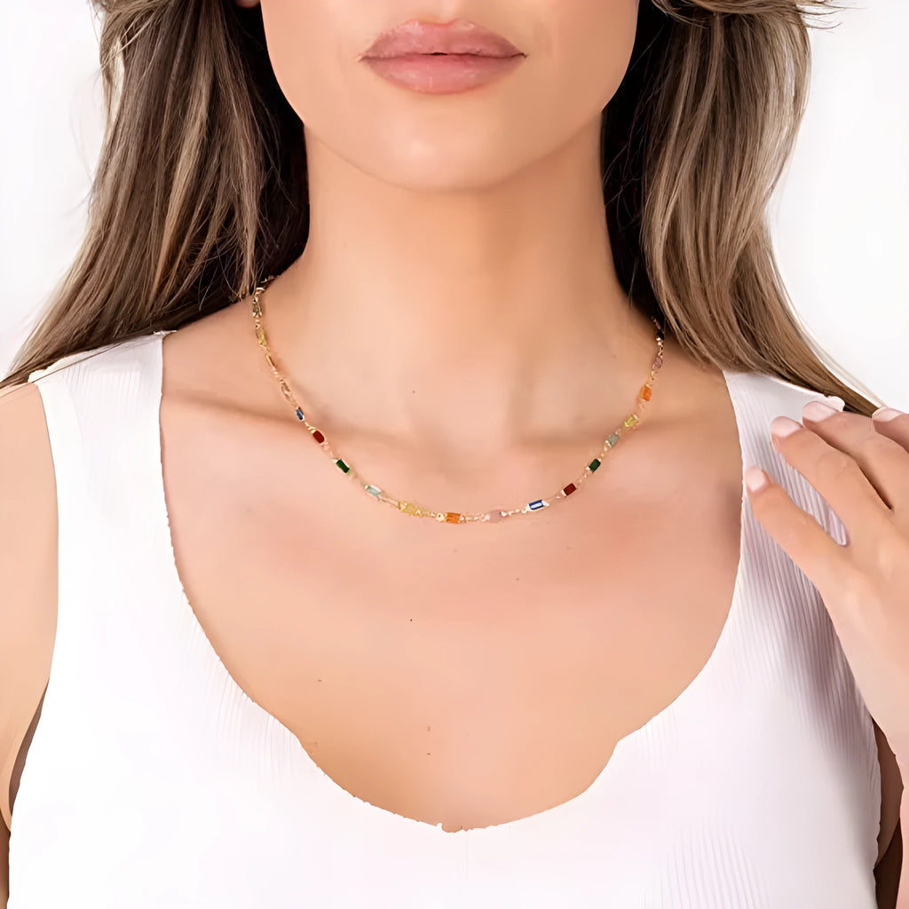 Ladies geometric crystal necklace with adjustable 41-50cm chain and electroplated random colour finish