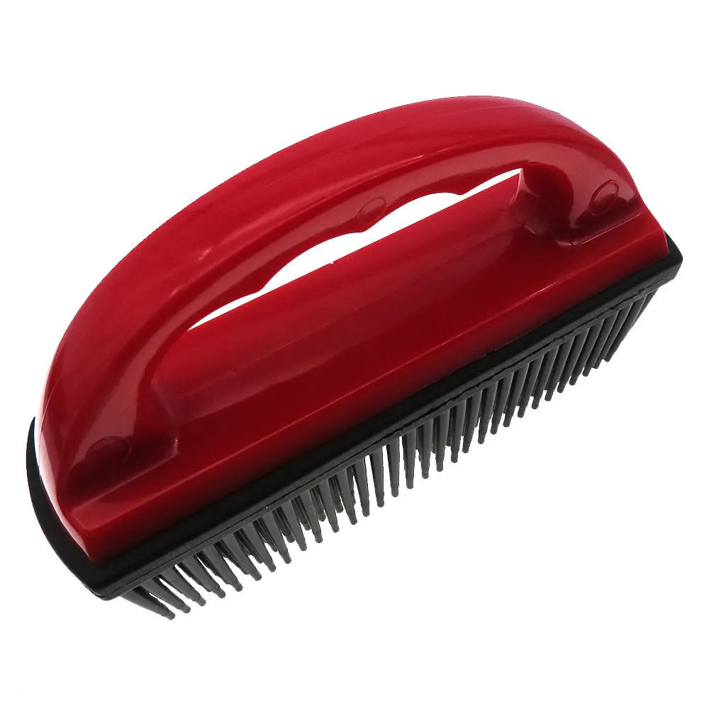Red pet hair removal brush with ergonomic handle for grooming and massage, 160x85mm dimensions