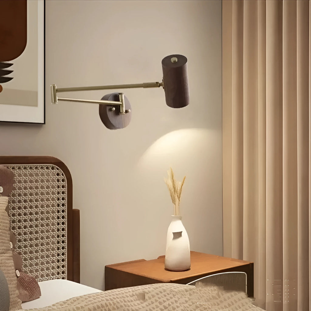 Retro rotating wall lamp with long-arm spot light in walnut colour finish