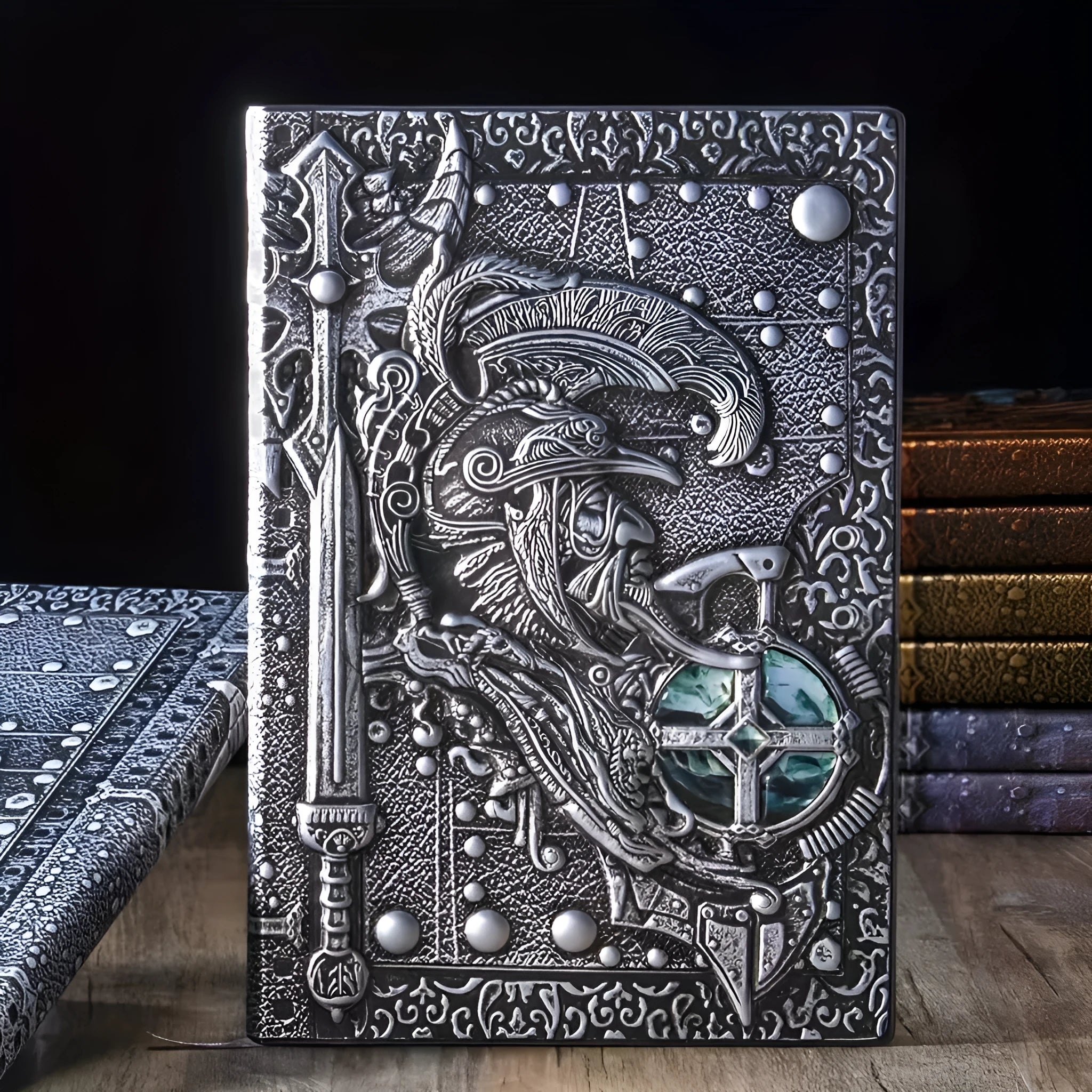 A5 leather notebook with 3D embossed warriors relief on the cover, shown in bronze colour.