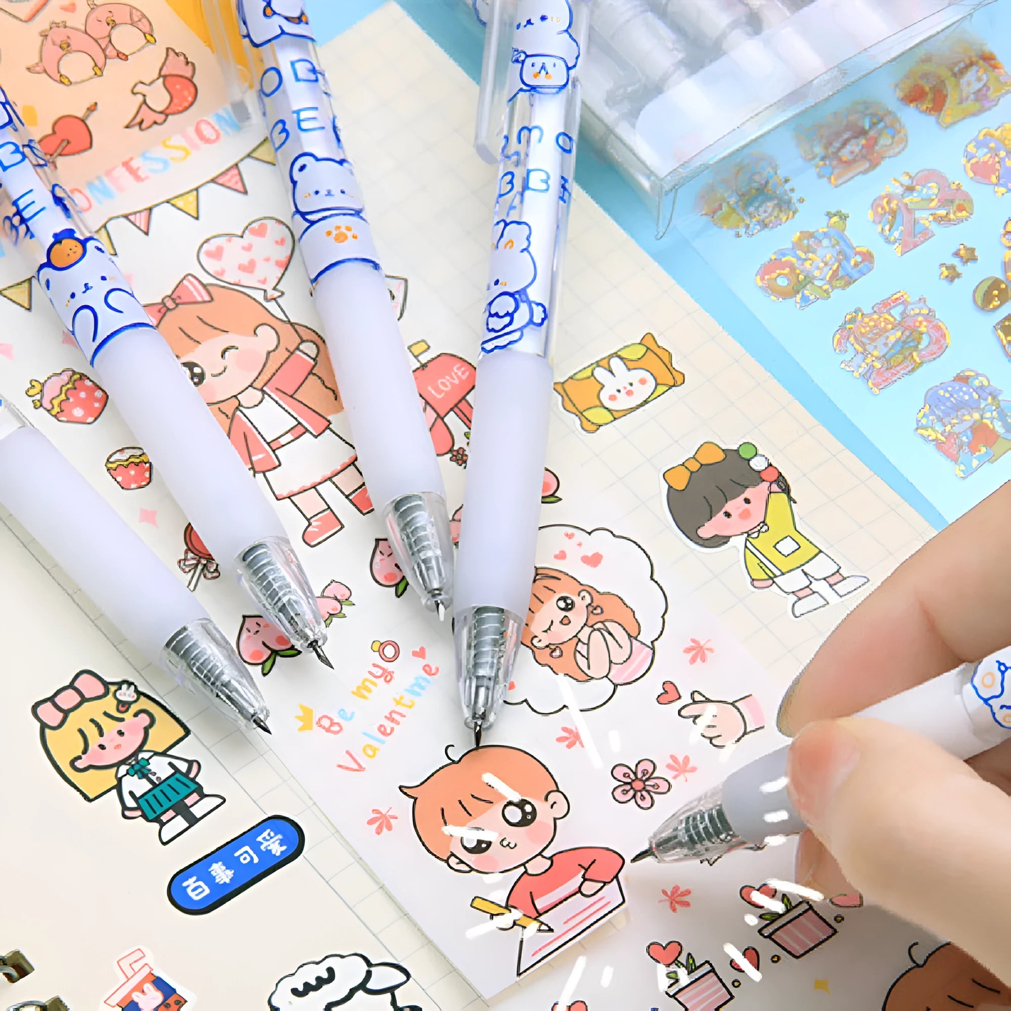 Press pen knife with retractable blade showing character designs including bear and rabbit themes.