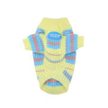 Blue and yellow striped dog sweater for small breeds shown on mannequin