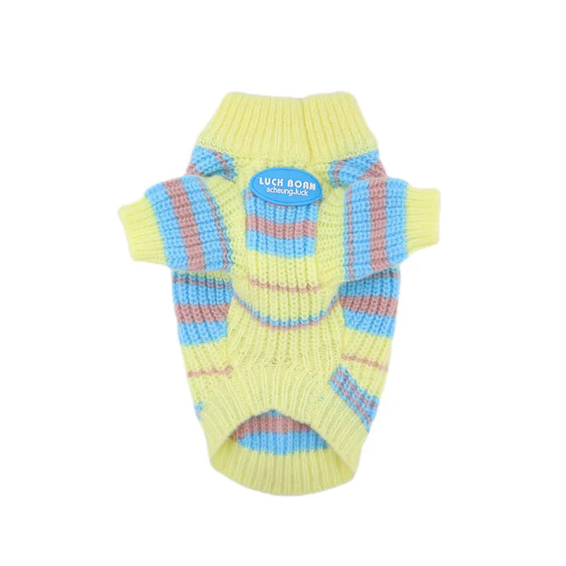 Blue and yellow striped dog sweater for small breeds shown on mannequin