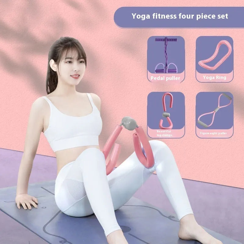 Yoga four-piece fitness set showing leg beauty device, chest expander, yoga ring, and tension rope.