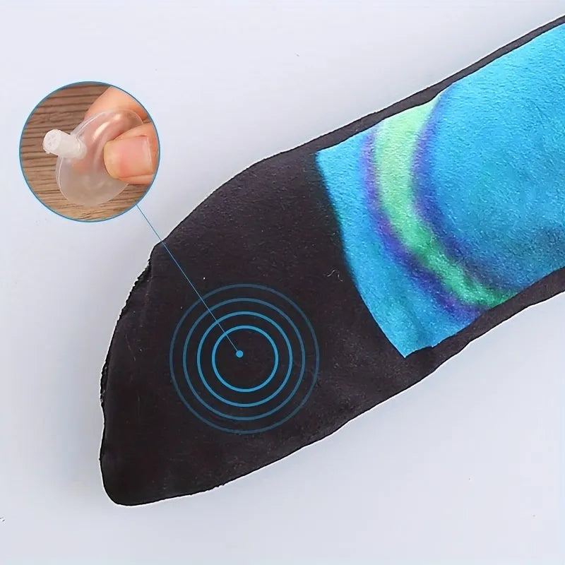 Snake-shaped striped plush dog squeak toy in multicolour, blue, green, and rainbow options.