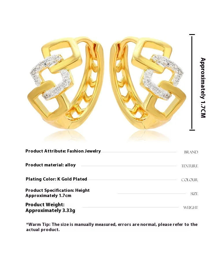 Gold geometric hollow-out alloy earrings with ear clip fastening and colour separation electroplating