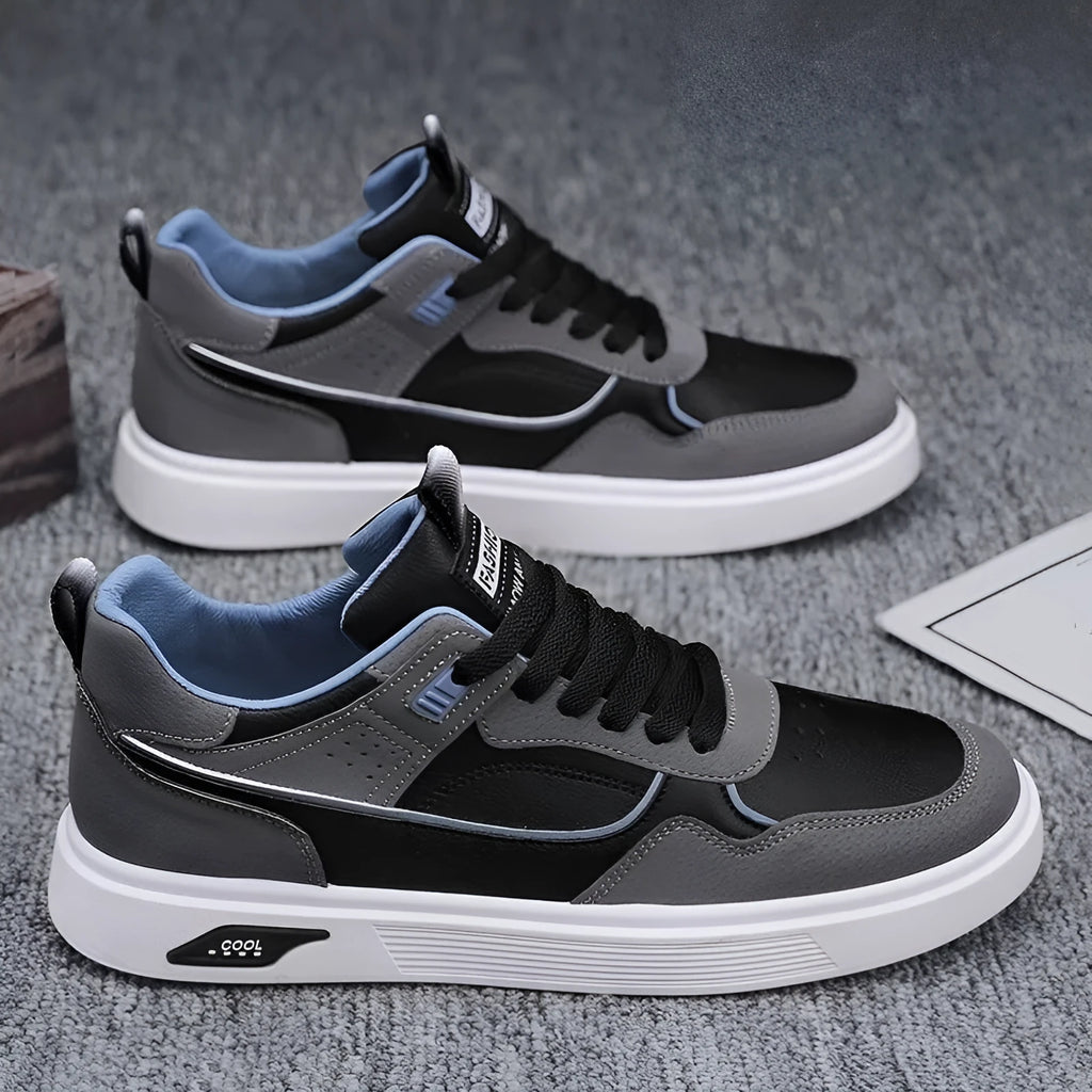 Men's Korean-style canvas board shoes with leather stitching and mesh lining in solid colour options