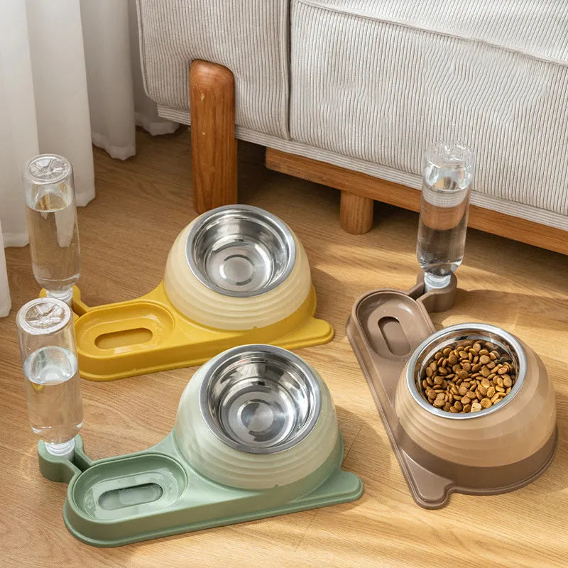 Brown elevated cat bowl set with automatic water bottle and curved food dish