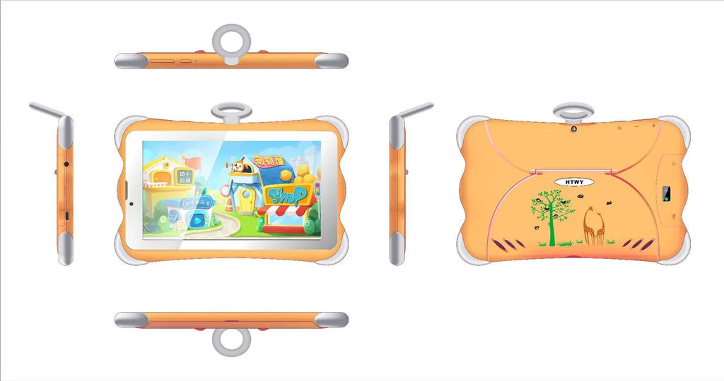 Cartoon-coloured 7-inch children's learning tablet with integrated stand shown in use.