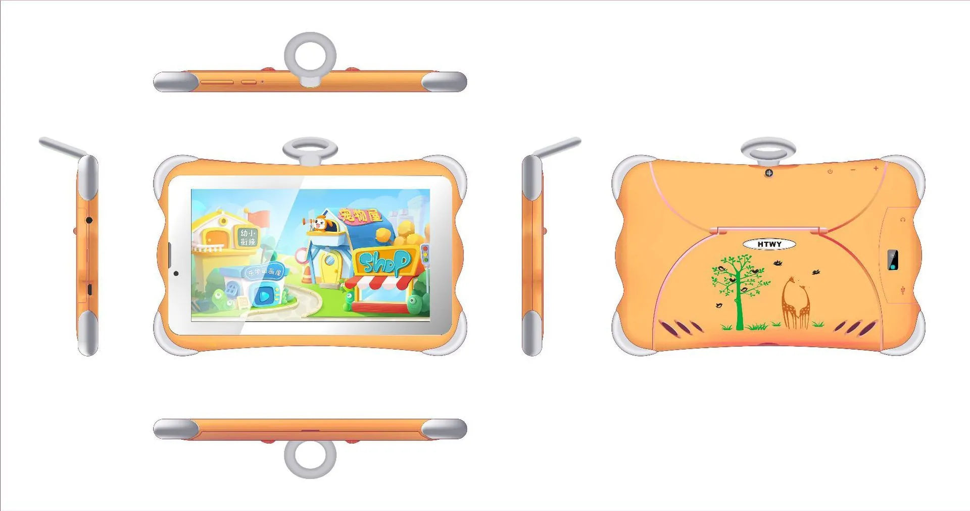 Cartoon-coloured 7-inch children's learning tablet with integrated stand shown in use.