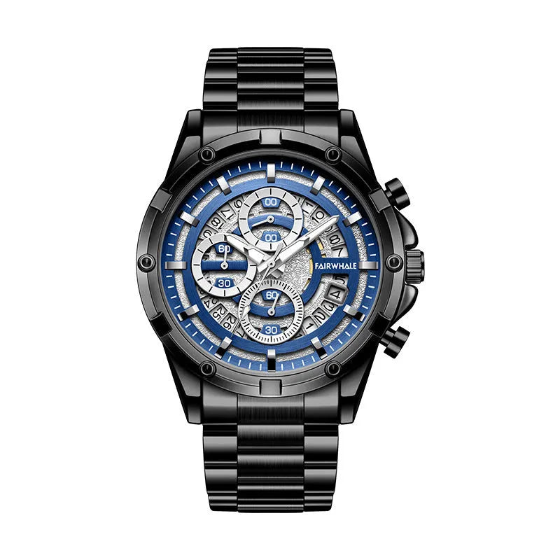 Men's waterproof quartz watch with luminous hands and steel band in black or silver case options