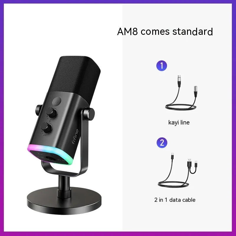 Black dynamic noise reduction microphone on a stand with XLR and data cables.