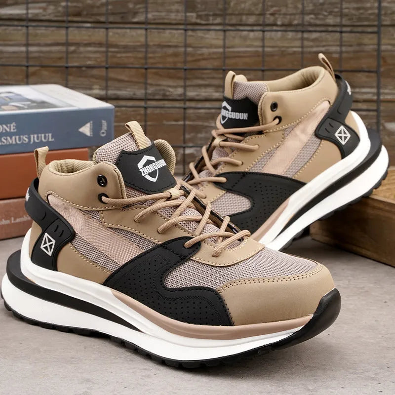 Black steel toe cap safety work boots with lace-up front and rubber anti-penetration sole