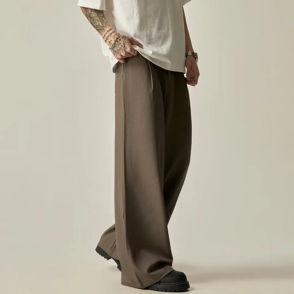 Men's straight leg casual trousers in black or brown with micro elasticity waist and cardigan button closure