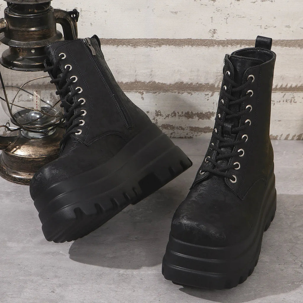 Women's white platform Martin boots with patchwork design and side zipper
