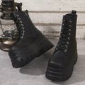 Women's white platform Martin boots with patchwork design and side zipper