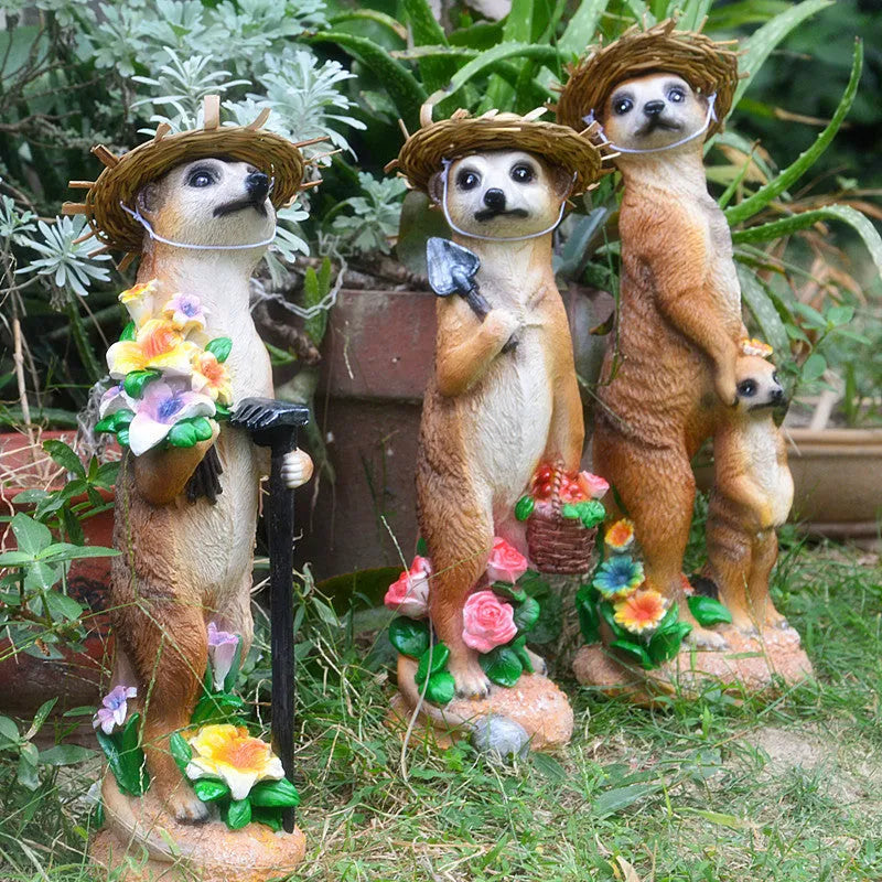 Yellow brown straw hat mongoose resin ornament with rake or shovel for garden decoration