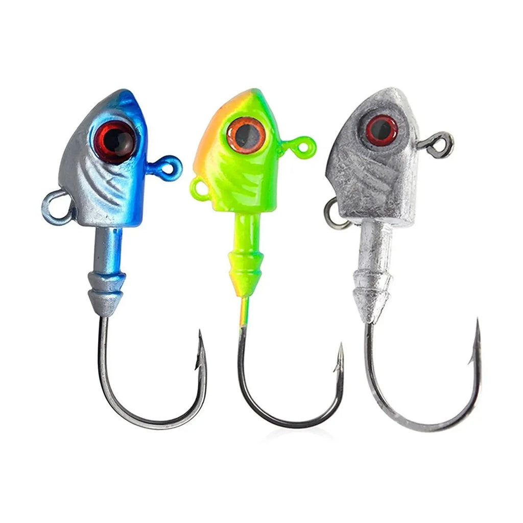 Blue, silver, and yellow lead jig head fishing hooks with fish-shaped weights in various sizes.