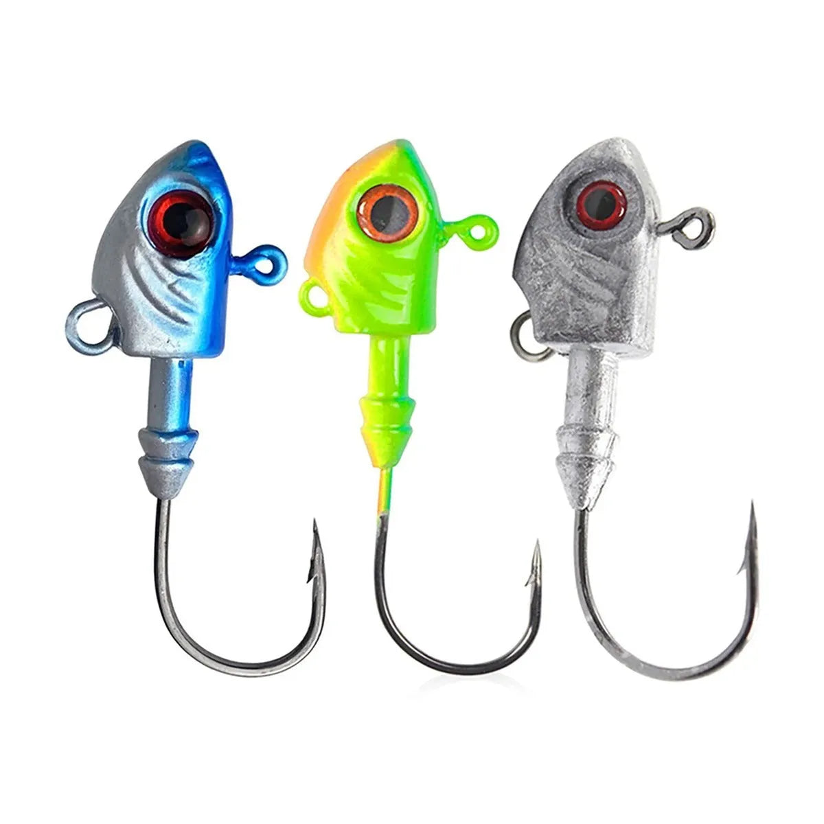 Blue, silver, and yellow lead jig head fishing hooks with fish-shaped weights in various sizes.