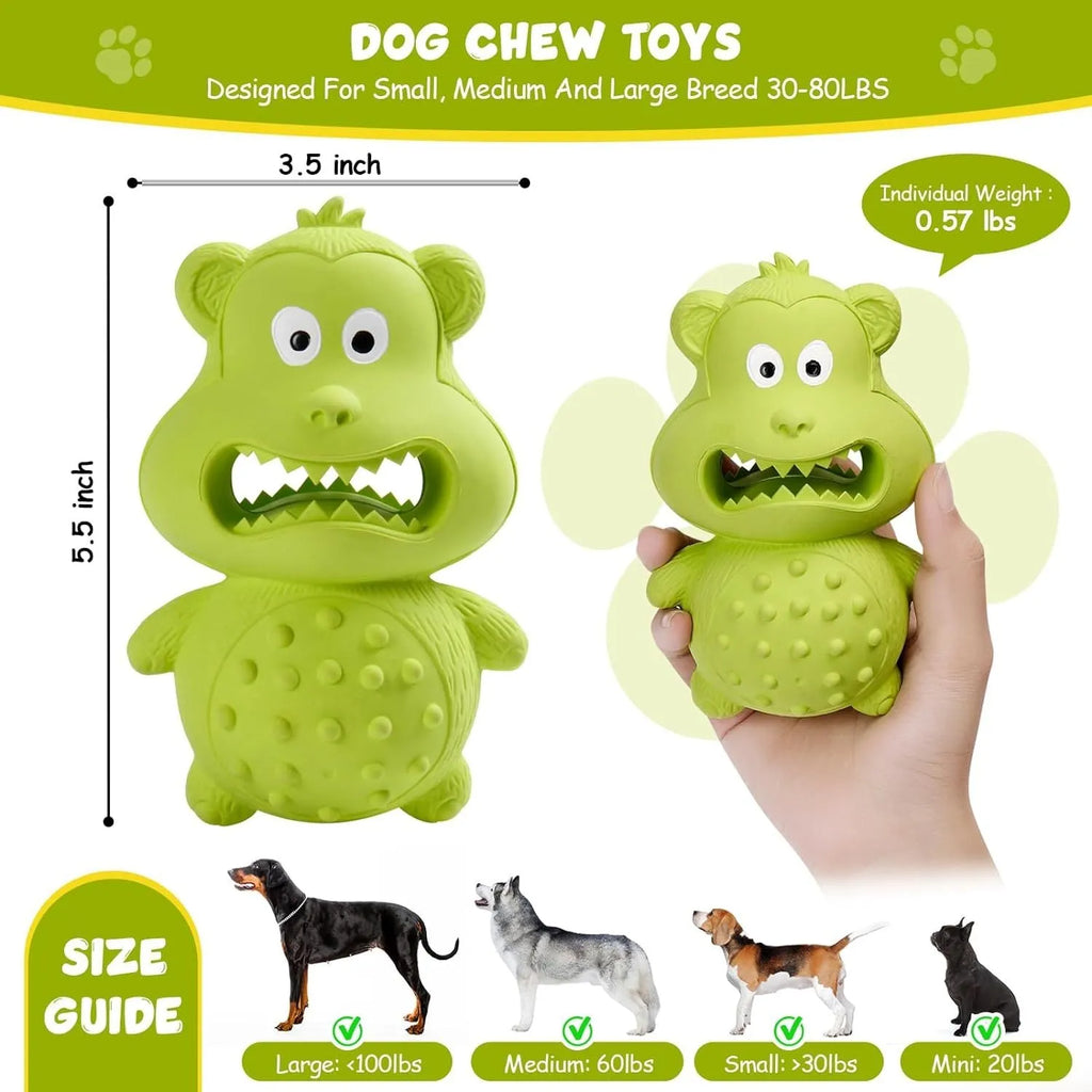 Green natural rubber dog chew toy for aggressive chewers with treat-filling hole