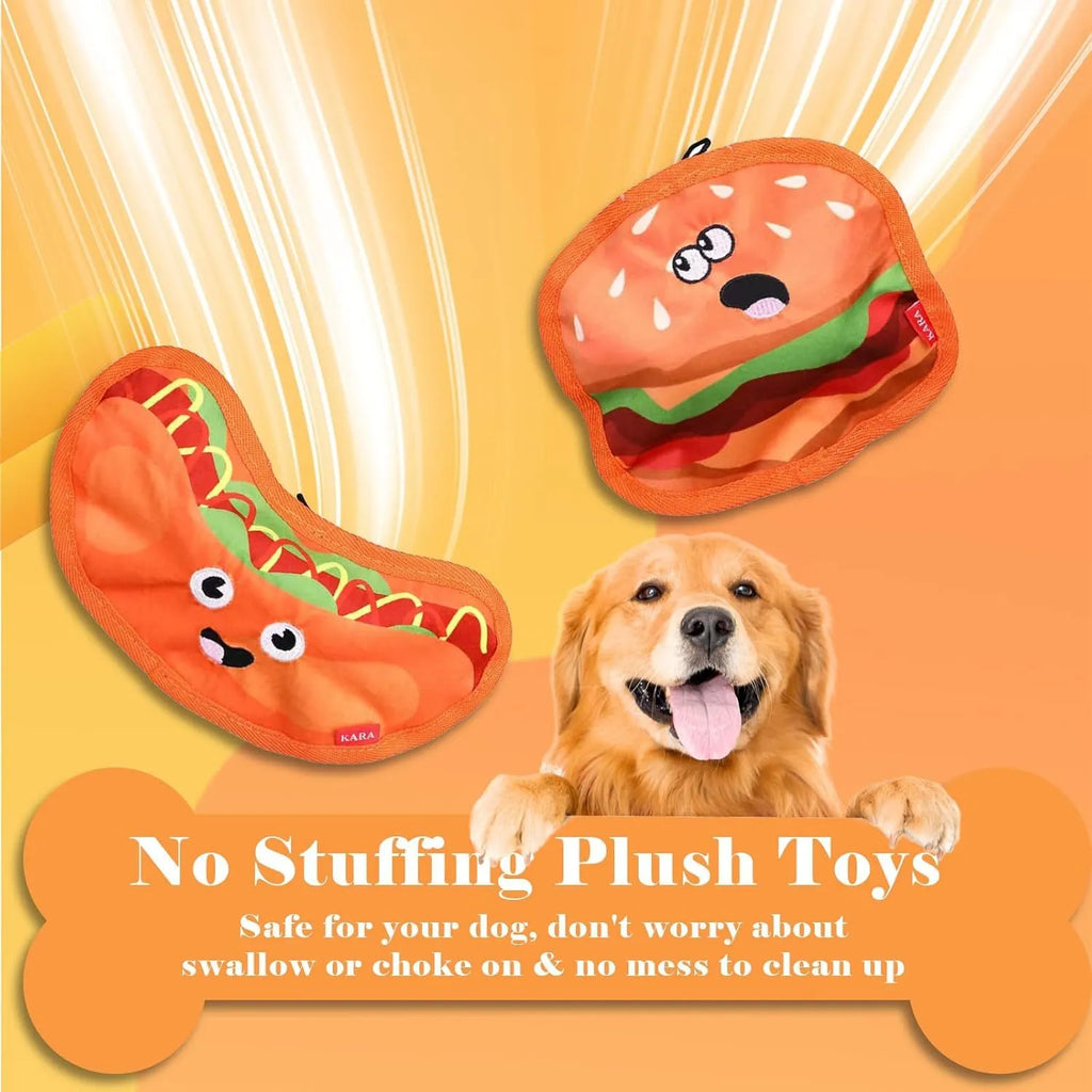 Food-shaped dog toy with crinkle and squeak features in hamburger, fries, hot dog, and pizza designs