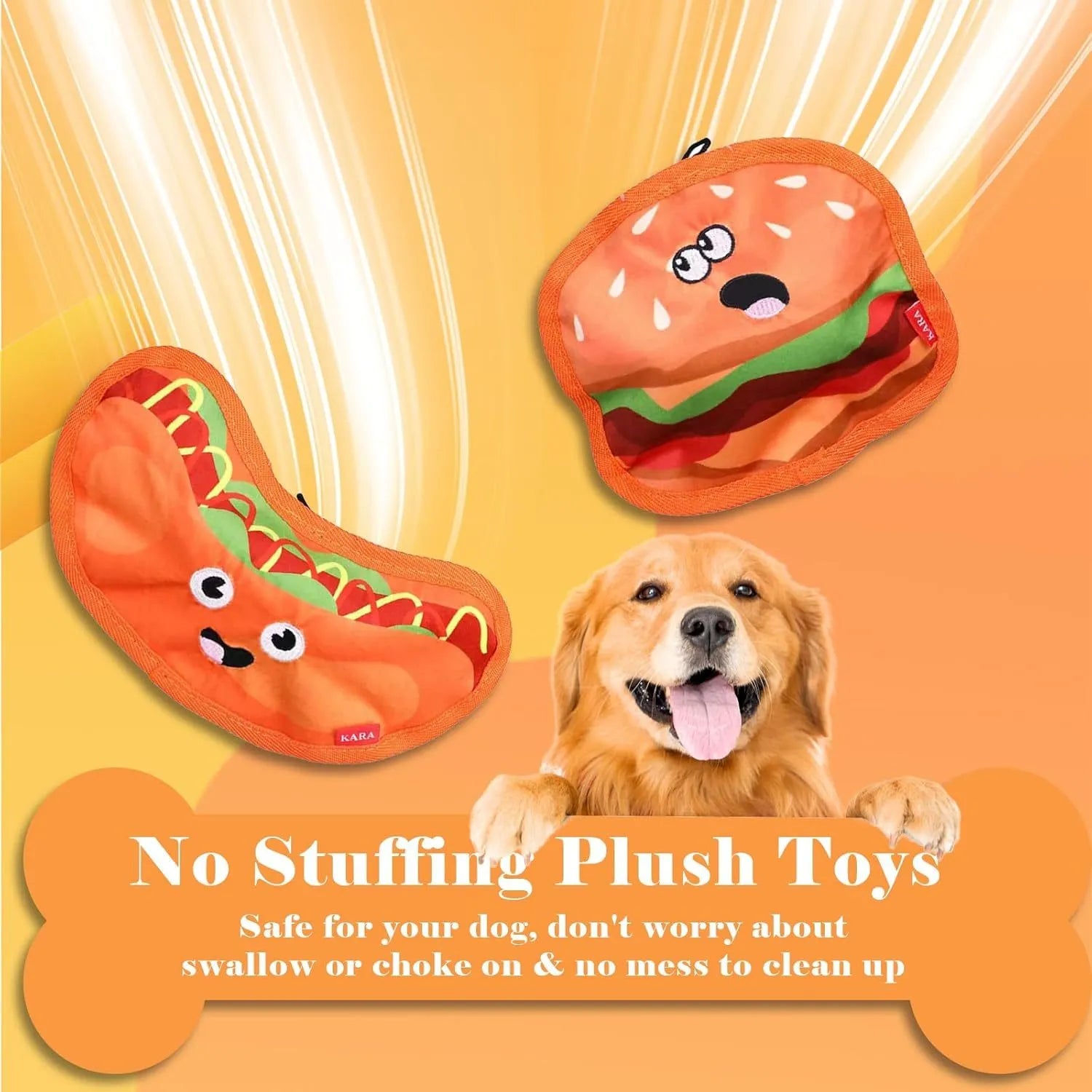 Food-shaped dog toy with crinkle and squeak features in hamburger, fries, hot dog, and pizza designs