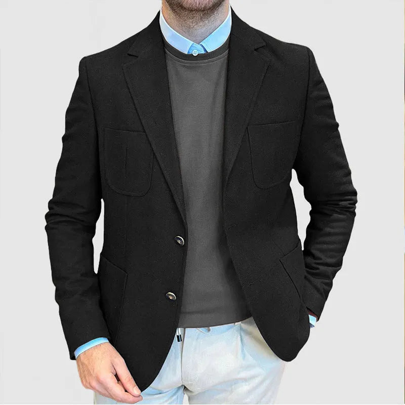 Men's loose-fit retro cotton suit jacket shown in army green colour.
