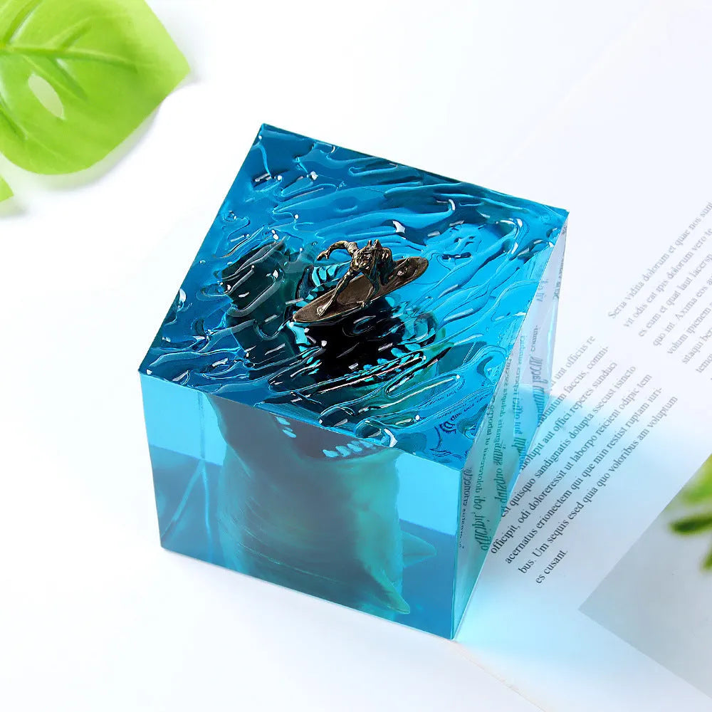 Surfing shark micro landscape resin night light ornament on wooden surface