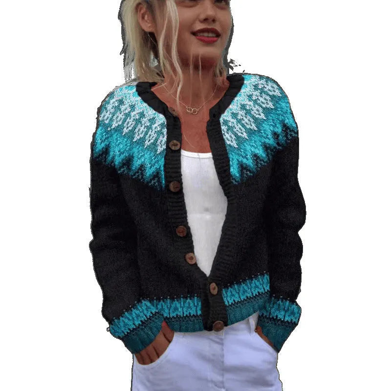 Yellow digital print cardigan knit coat with a raised 3D pattern on a hanger.
