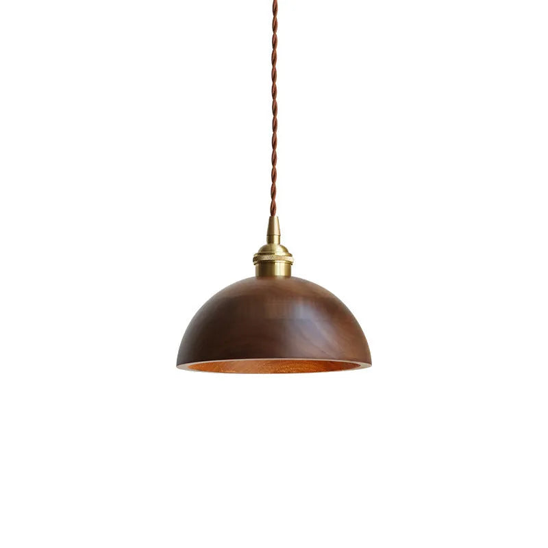 Close-up of a single-head droplight chandelier made from walnut wood art and copper, shown in one of four available colour styles.