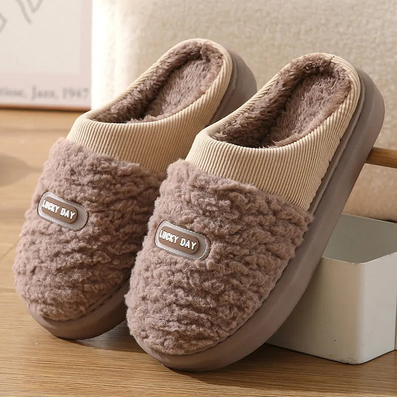 Men's grey and brown plaid rabbit hair winter slippers with artificial wool lining and EVA sole