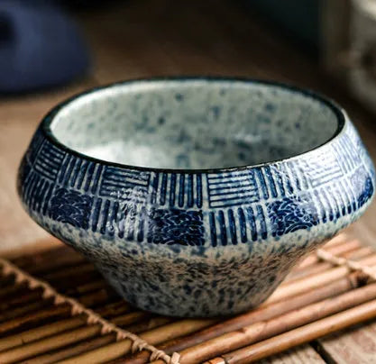 Japanese ceramic tall soup bowl with underglaze decoration in stone conch bowl pattern