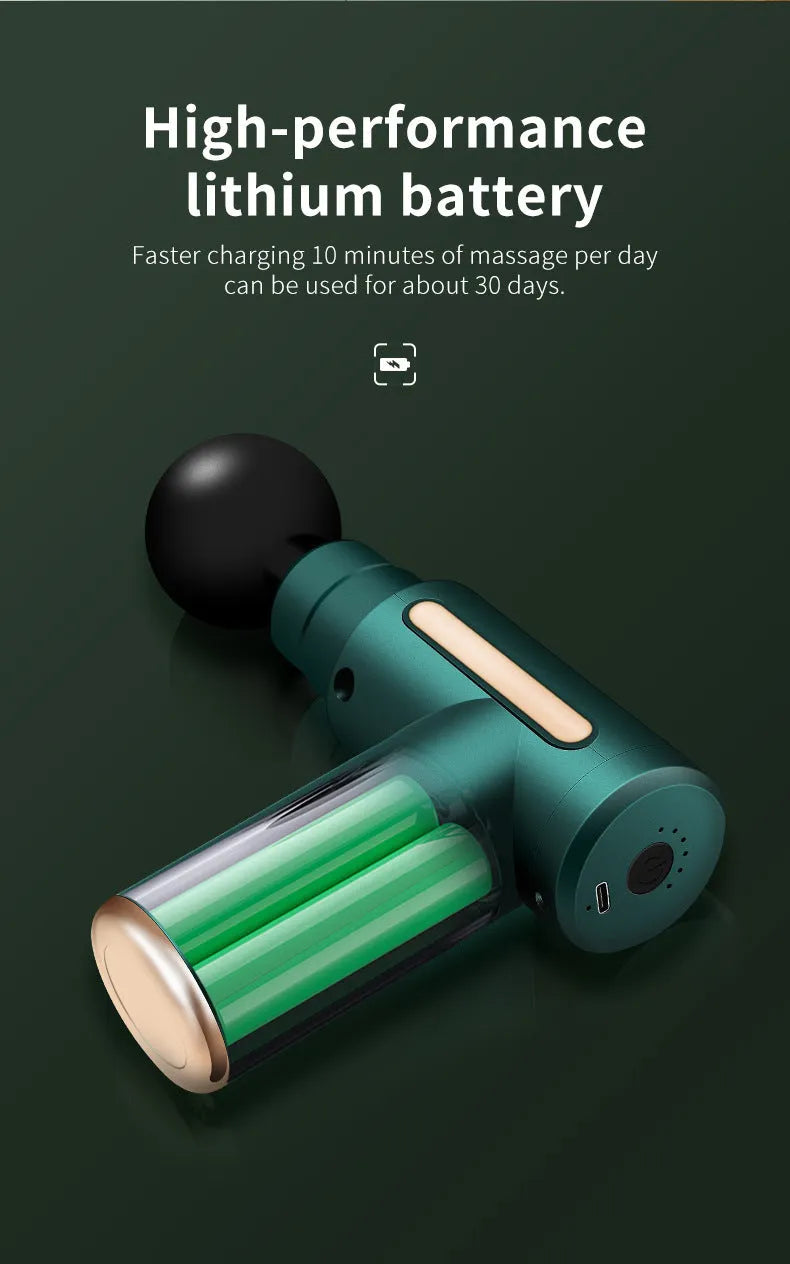 Green rechargeable mini fascia gun electric handheld massager for muscle fitness and neck relief