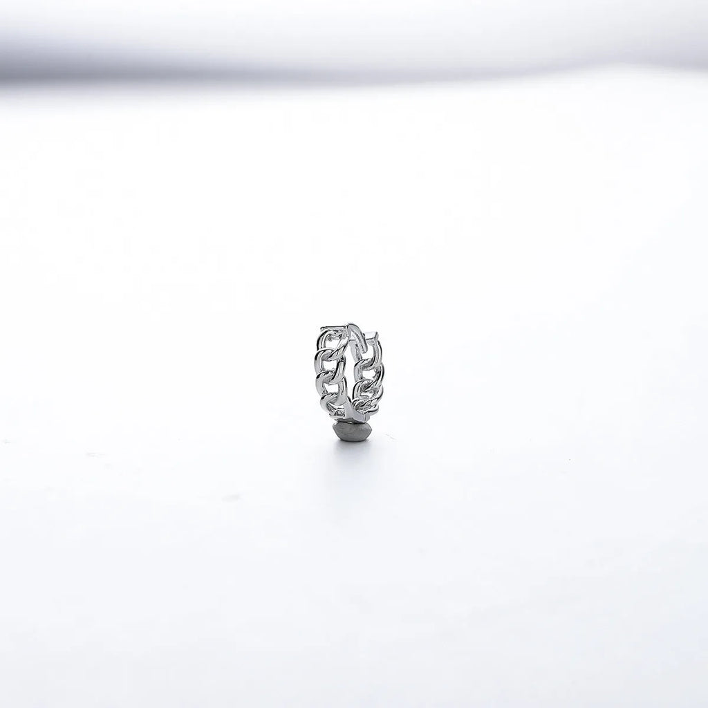 Men's silver geometric hoop earrings in 10mm and 14mm sizes on a plain background.