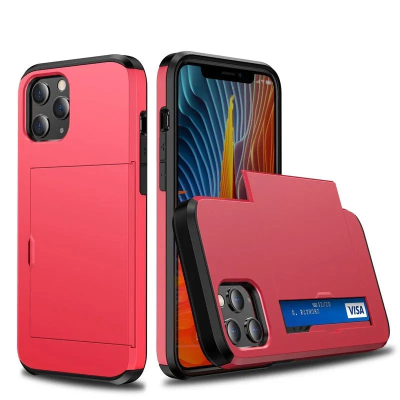 Sliding cover wallet mobile phone case in matte finish showing integrated card slot.